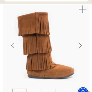 Minnetonka 3-layer fringe moccasin boots brown suede sz 10